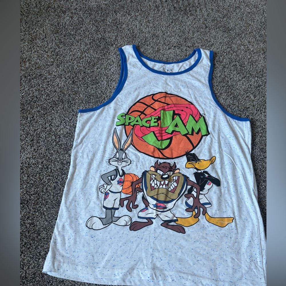 Men’s preloved space jam looney tunes Tank Top - White with Blue Trim medium - Picture 1 of 4